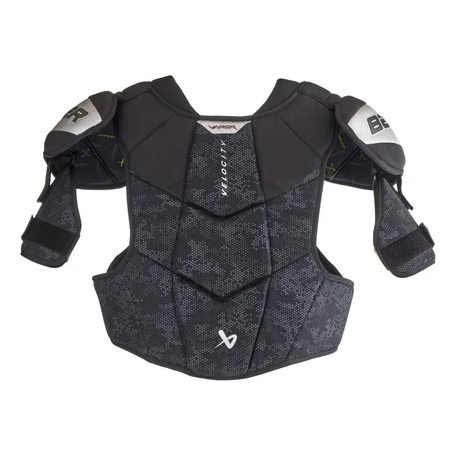 A photo of the Bauer Vapor Velocity Senior Shoulder Pads (2025) in colour black, silver, green.