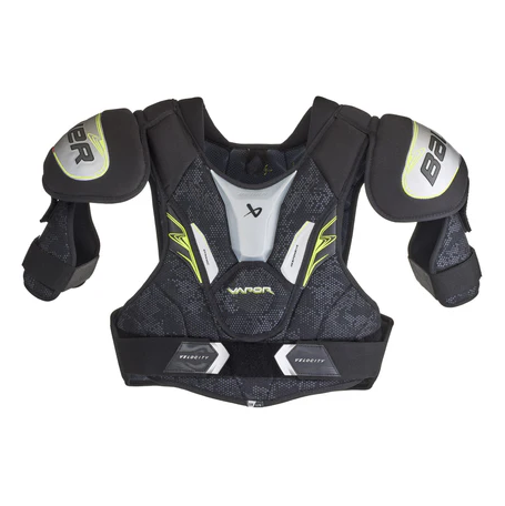 A photo of the Bauer Vapor Velocity Senior Shoulder Pads (2025) in colour black, silver, green.