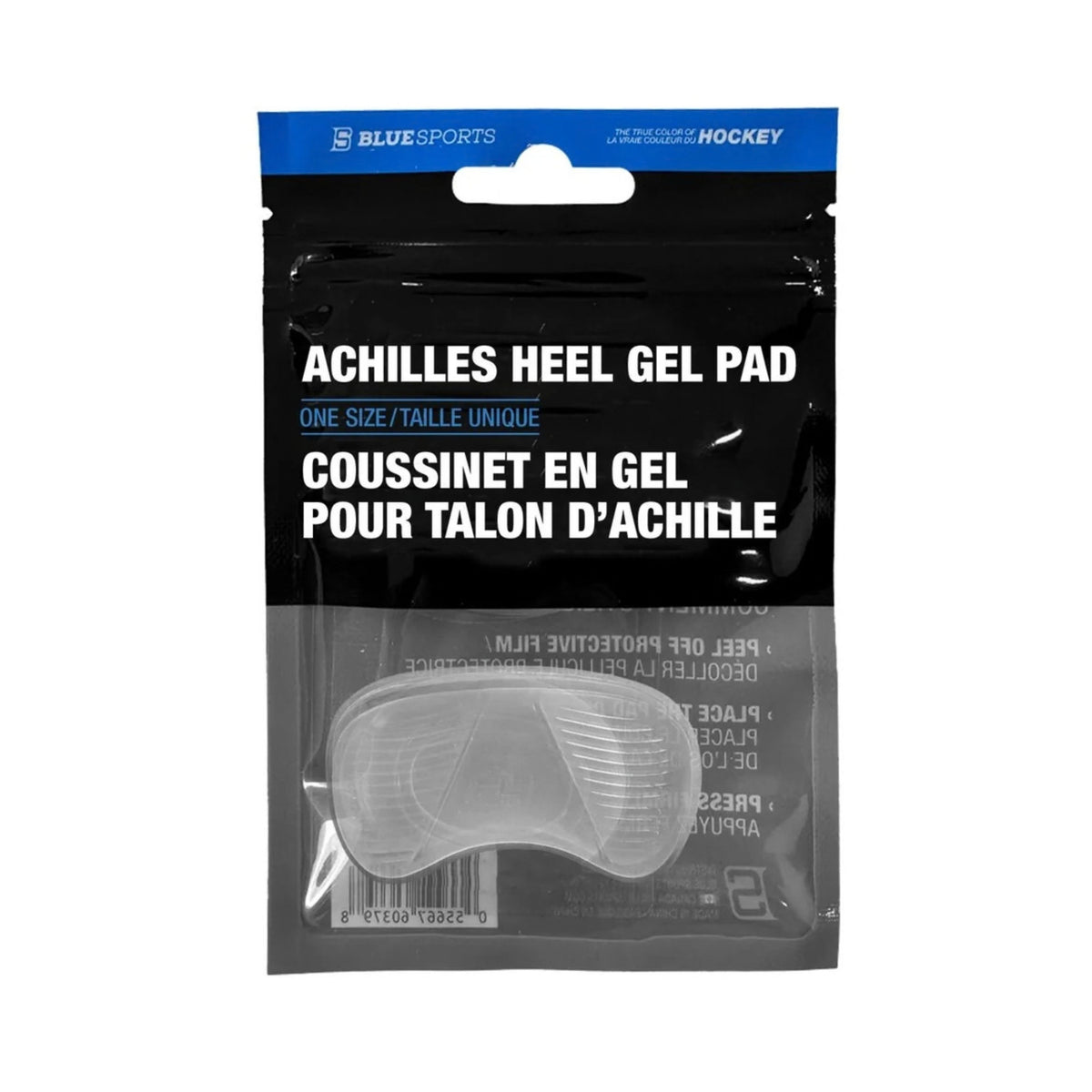 A photo of a clear Blue Sports Achilles Heel Gel Pad in a black and blue package.