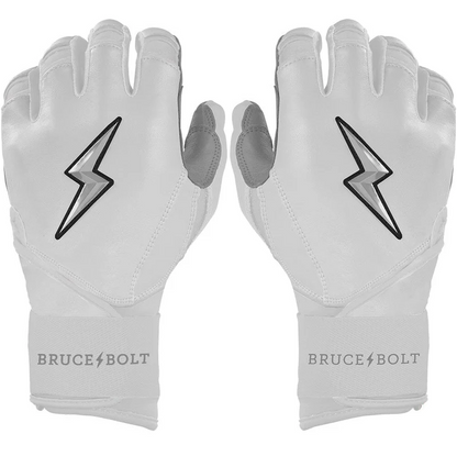A photo of the Bruce Bolt Chrome Series Long Cuff Youth Batting Gloves in colour white and grey.