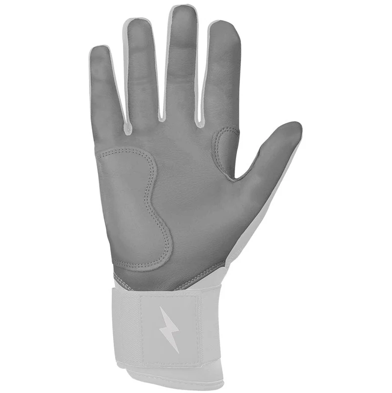 A photo of the Bruce Bolt Chrome Series Long Cuff Youth Batting Gloves in colour white and grey.