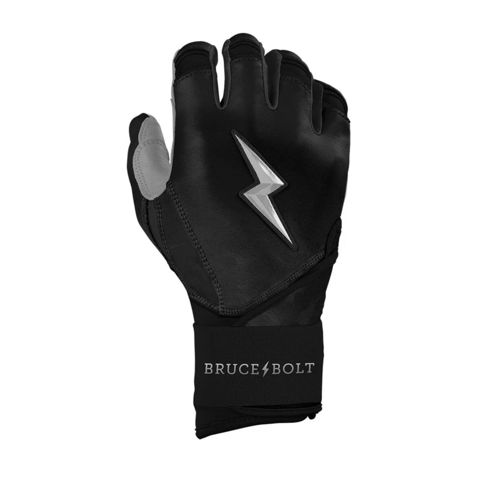 A photo of the Bruce Bolt Chrome Series Long Cuff Youth Batting Gloves in colour black, with a silver lightening bolt logo and Bruce Bolt.