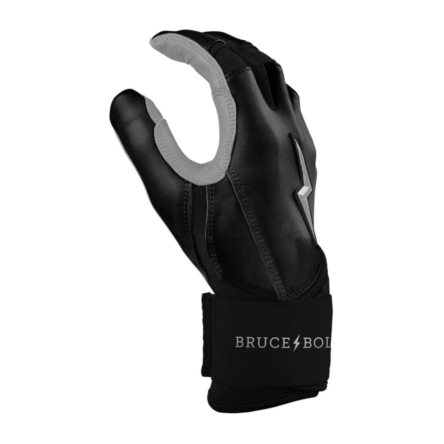 A photo of the Bruce Bolt Chrome Series Long Cuff Youth Batting Gloves in colour black, with a silver lightening bolt logo and Bruce Bolt.