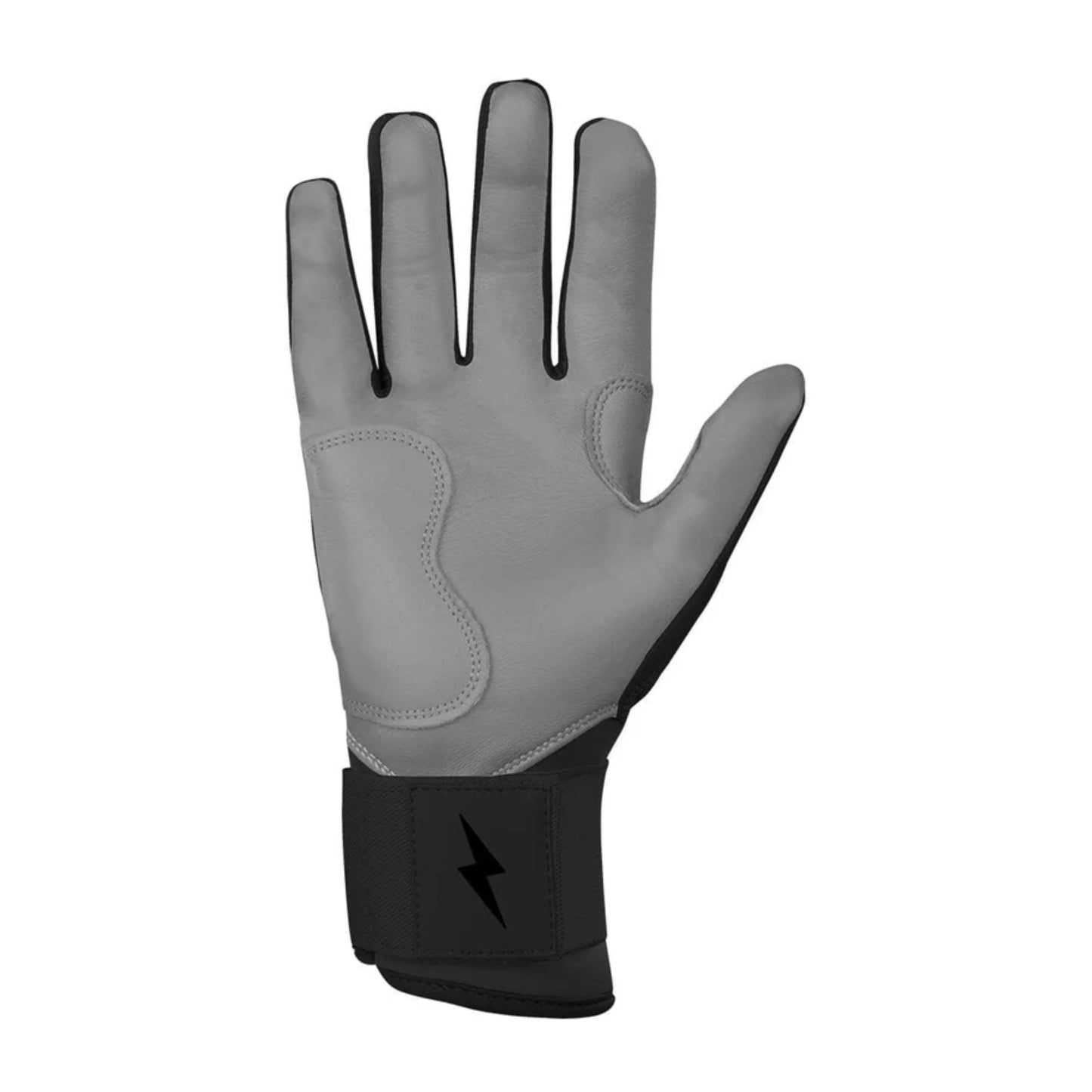 A photo of the Bruce Bolt Chrome Series Long Cuff Youth Batting Gloves in colour black, with a silver lightening bolt logo and Bruce Bolt.