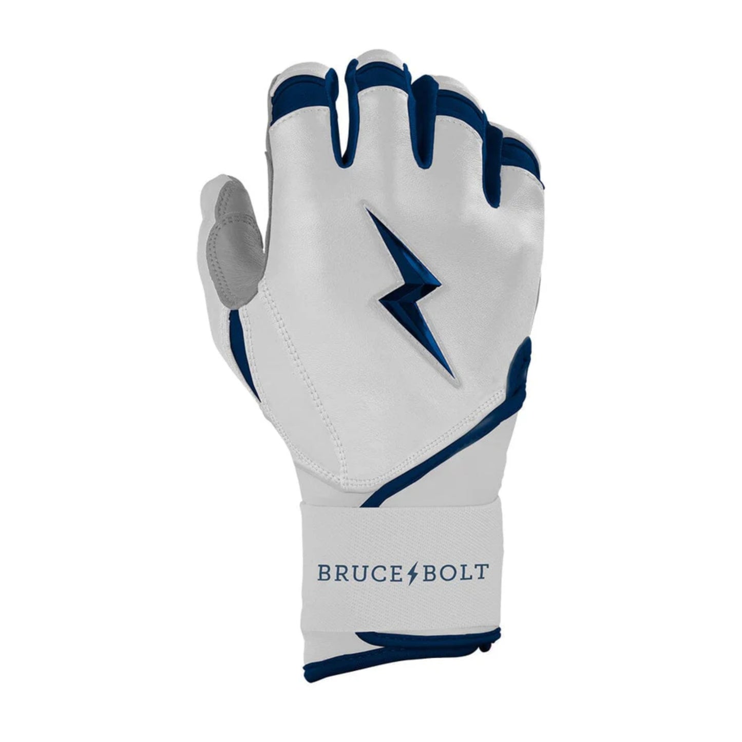 A photo of the Bruce Bolt Chrome Series Long Cuff Youth Batting Gloves in colour white and navy, with a navy lightening bolt logo and Bruce Bolt.