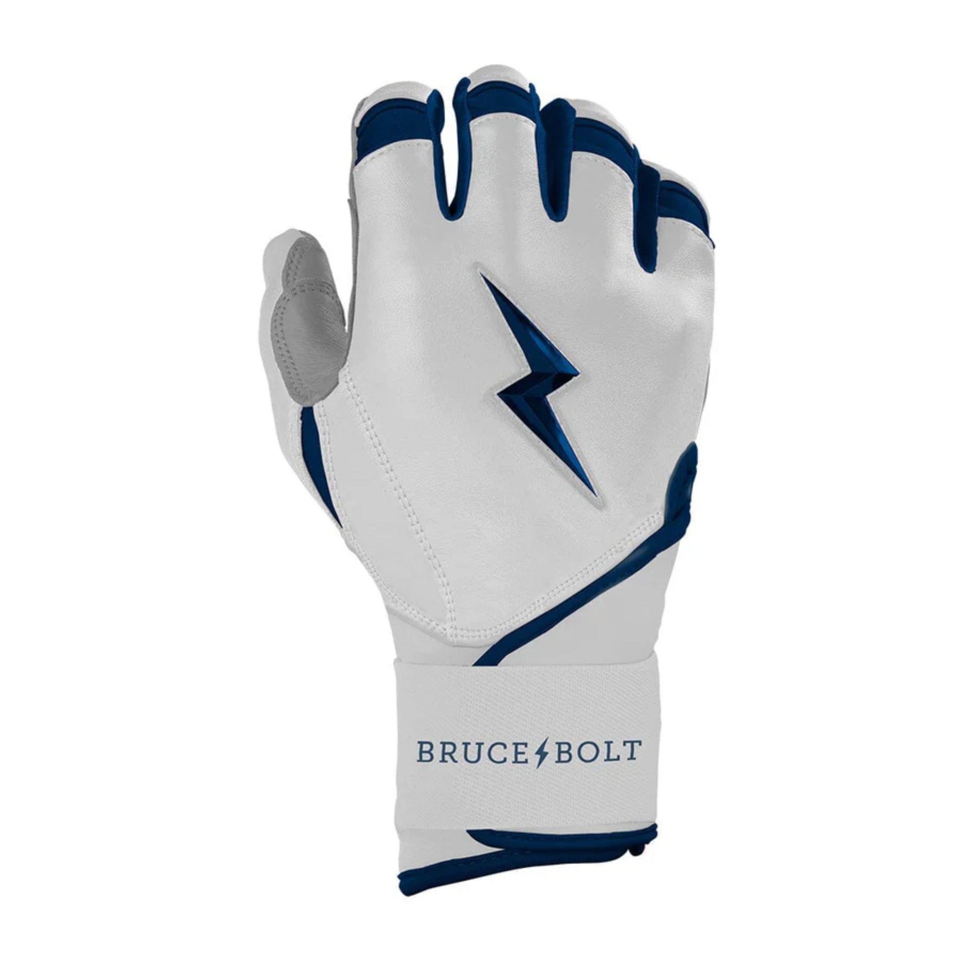 A photo of the Bruce Bolt Chrome Series Long Cuff Youth Batting Gloves in colour white and navy, with a navy lightening bolt logo and Bruce Bolt.