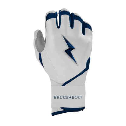 A photo of the Bruce Bolt Chrome Series Long Cuff Youth Batting Gloves in colour white and navy, with a navy lightening bolt logo and Bruce Bolt.