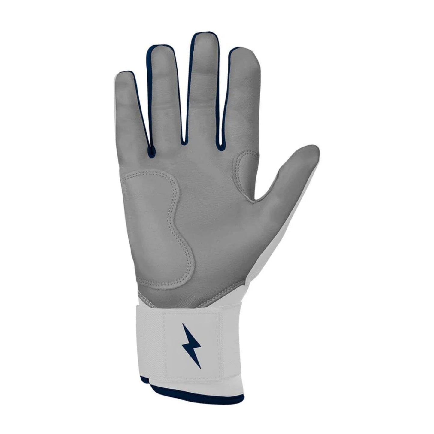A photo of the Bruce Bolt Chrome Series Long Cuff Youth Batting Gloves in colour white and navy, with a navy lightening bolt logo and Bruce Bolt.