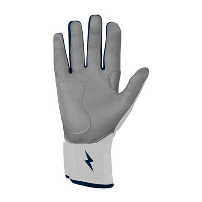 A photo of the Bruce Bolt Chrome Series Long Cuff Youth Batting Gloves in colour white and navy, with a navy lightening bolt logo and Bruce Bolt.