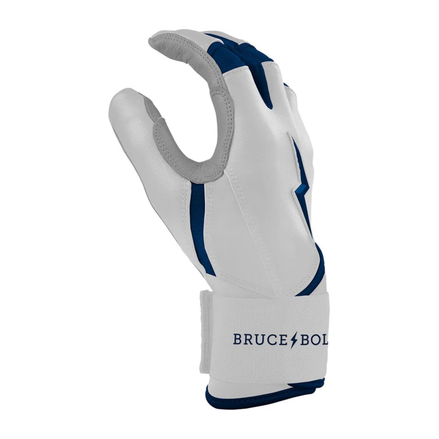A photo of the Bruce Bolt Chrome Series Long Cuff Youth Batting Gloves in colour white and navy, with a navy lightening bolt logo and Bruce Bolt.