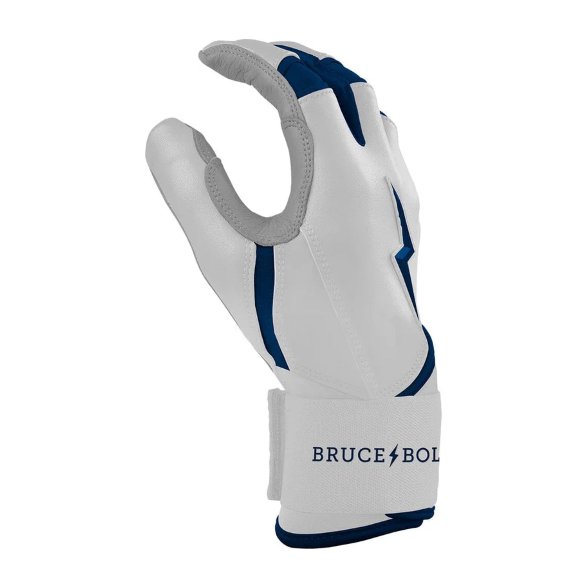 A photo of the Bruce Bolt Chrome Series Long Cuff Youth Batting Gloves in colour white and navy, with a navy lightening bolt logo and Bruce Bolt.