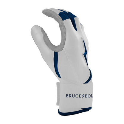 A photo of the Bruce Bolt Chrome Series Long Cuff Youth Batting Gloves in colour white and navy, with a navy lightening bolt logo and Bruce Bolt.