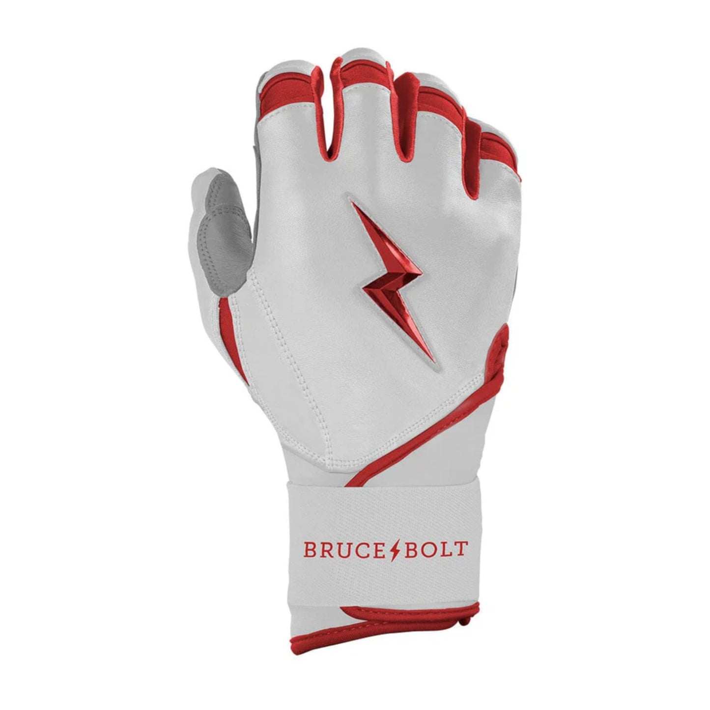A photo of the Bruce Bolt Chrome Series Long Cuff Youth Batting Gloves in colour white and red, with a red lightening bolt logo and Bruce Bolt.