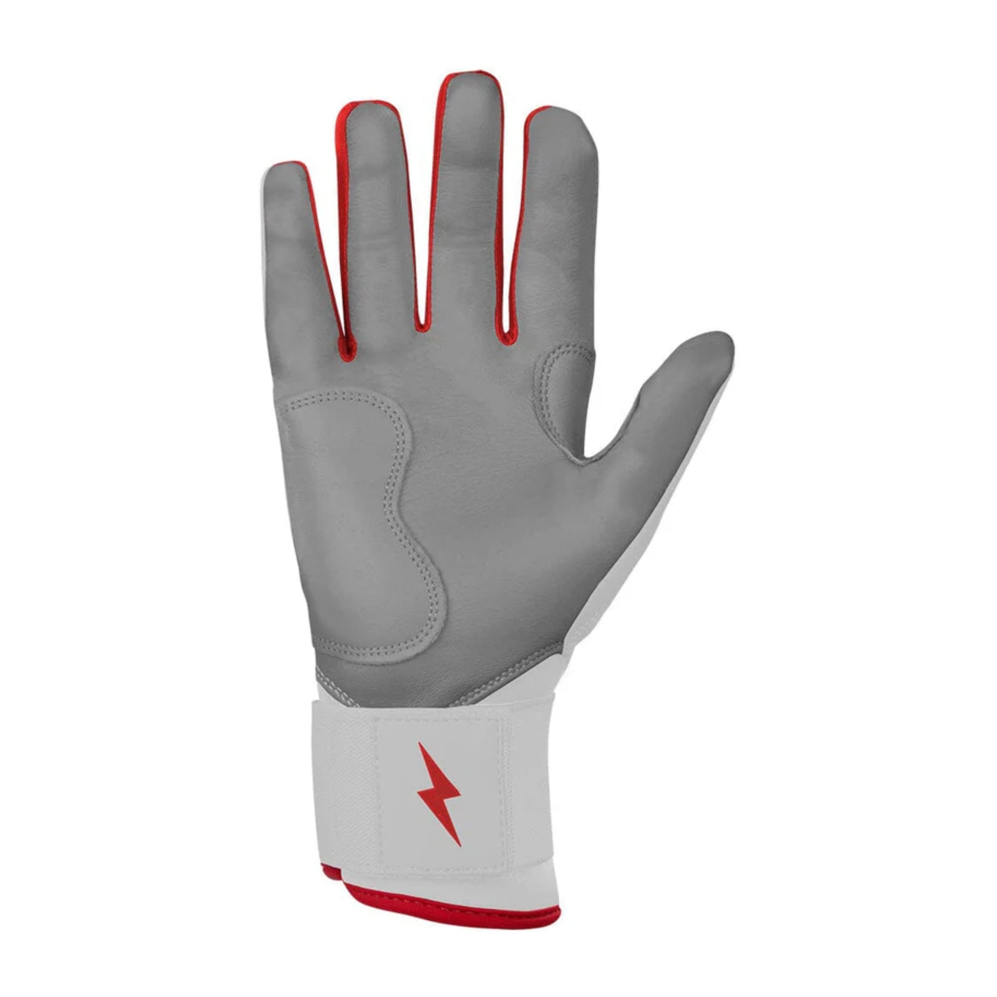 A photo of the Bruce Bolt Chrome Series Long Cuff Youth Batting Gloves in colour white and red, with a red lightening bolt logo and Bruce Bolt.