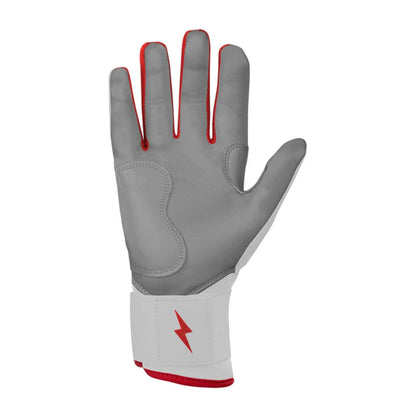 A photo of the Bruce Bolt Chrome Series Long Cuff Youth Batting Gloves in colour white and red, with a red lightening bolt logo and Bruce Bolt.