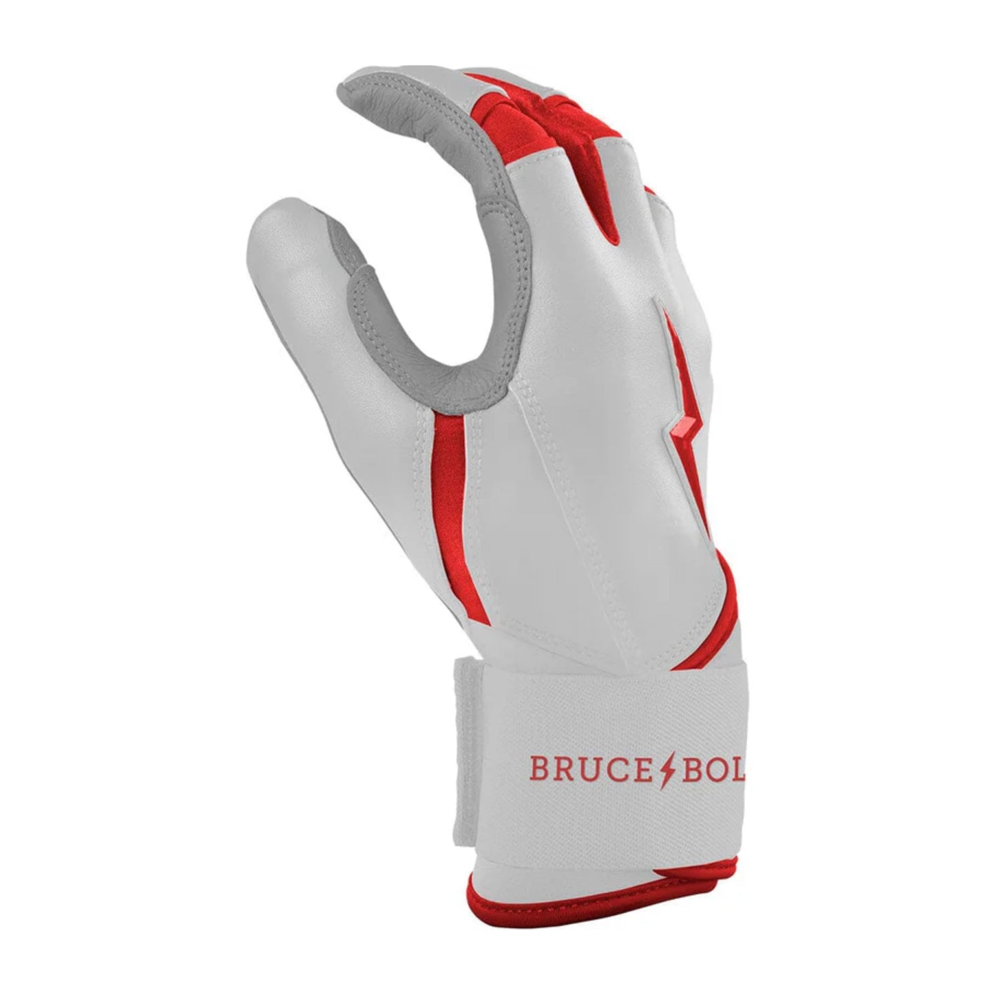 A photo of the Bruce Bolt Chrome Series Long Cuff Youth Batting Gloves in colour white and red, with a red lightening bolt logo and Bruce Bolt.
