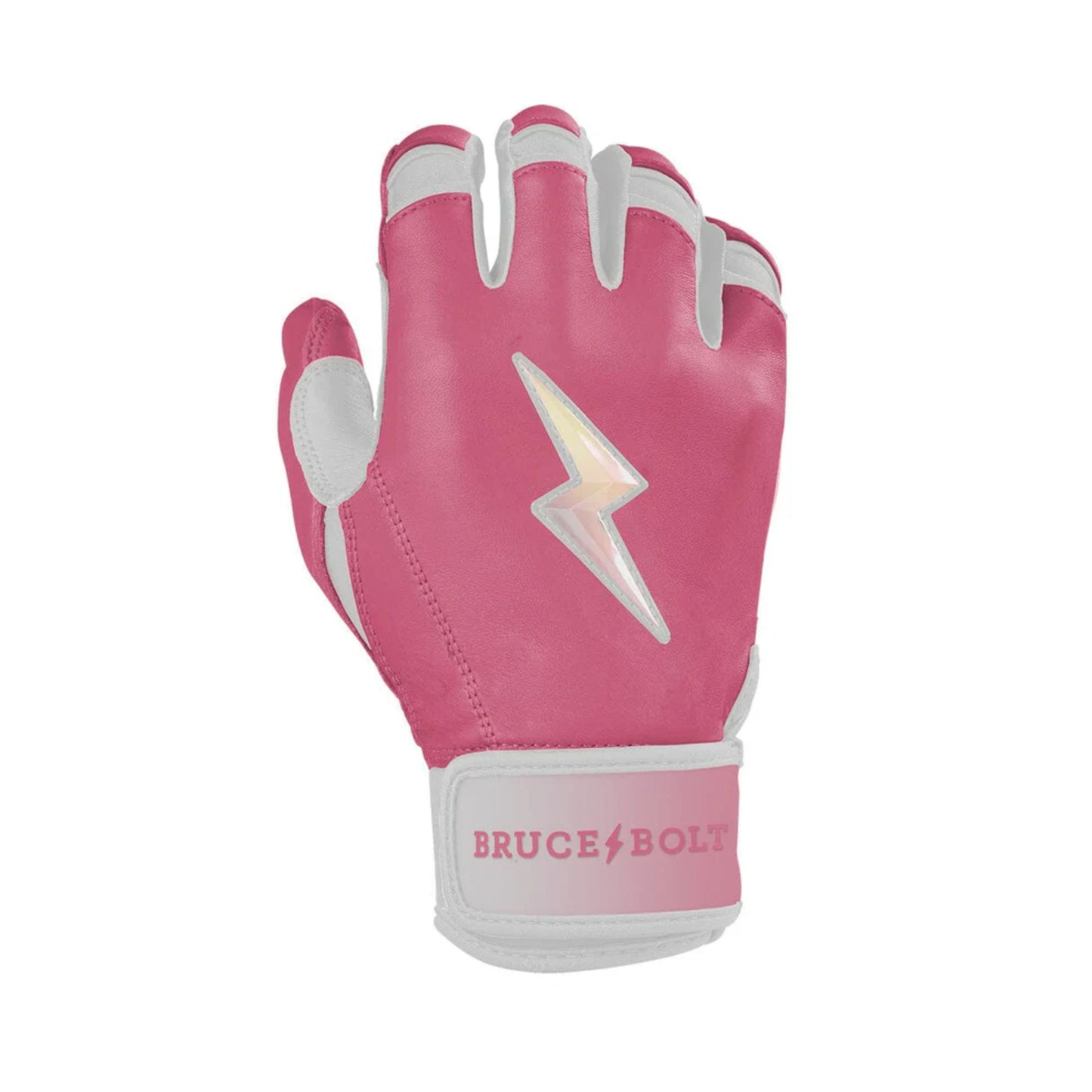 A photo of the Bruce Bolt Creator Series Short Cuff Batting Gloves in colour pink and white, with a white lightening bolt.