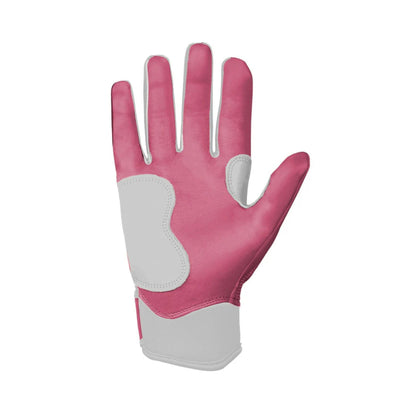 A photo of the Bruce Bolt Creator Series Short Cuff Batting Gloves in colour pink and white, with a white lightening bolt.