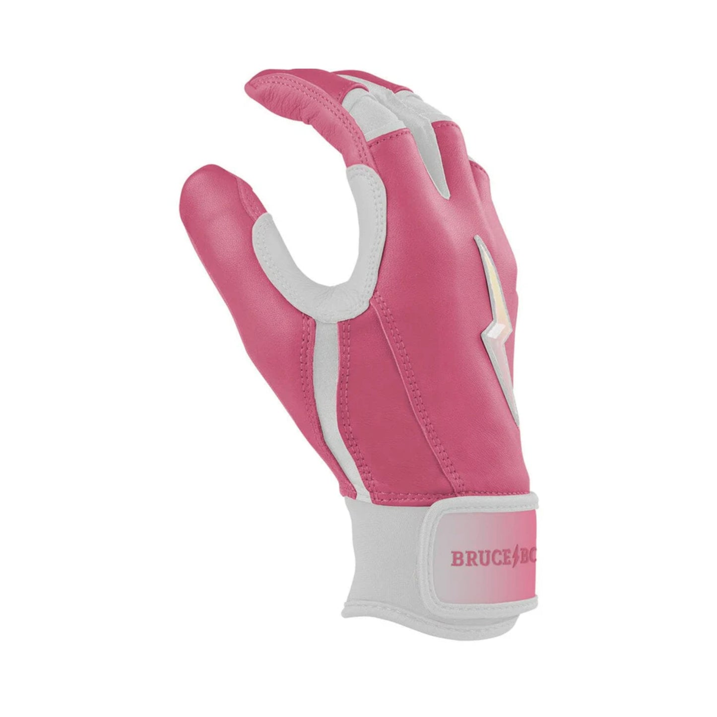 A photo of the Bruce Bolt Creator Series Short Cuff Batting Gloves in colour pink and white, with a white lightening bolt.