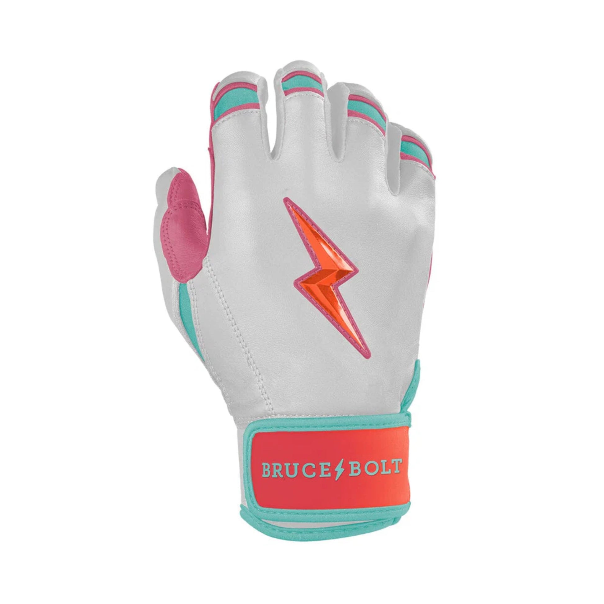 A photo of the Bruce Bolt Creator Series Short Cuff Batting Gloves in colour pink, teal and white, with a pink lightening bolt.