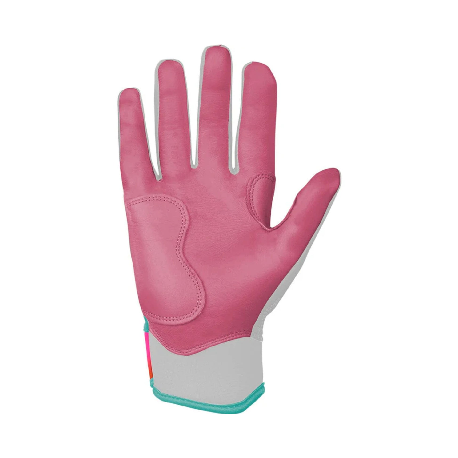 A photo of the Bruce Bolt Creator Series Short Cuff Batting Gloves in colour pink, teal and white, with a pink lightening bolt.