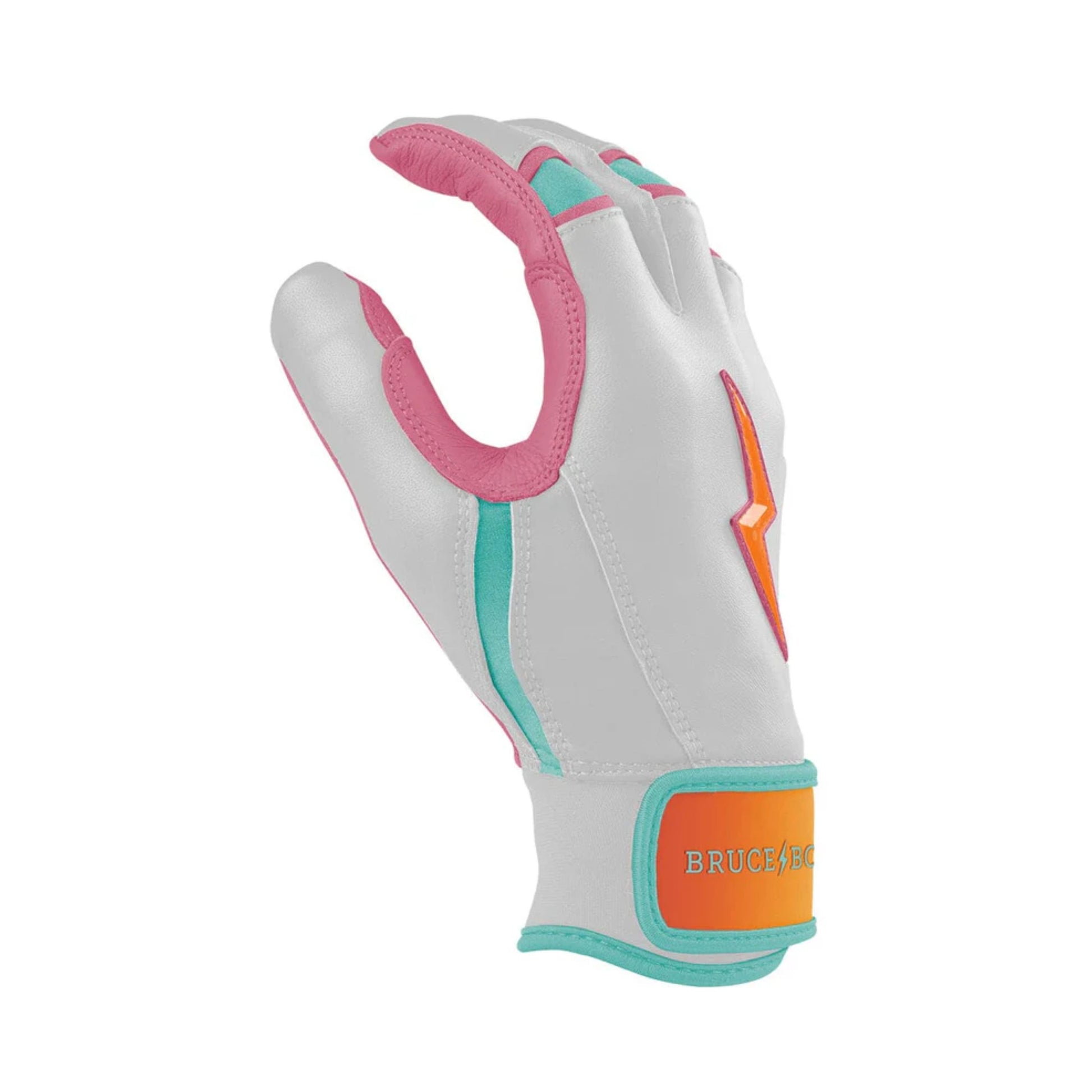A photo of the Bruce Bolt Creator Series Short Cuff Batting Gloves in colour pink, teal and white, with a pink lightening bolt.