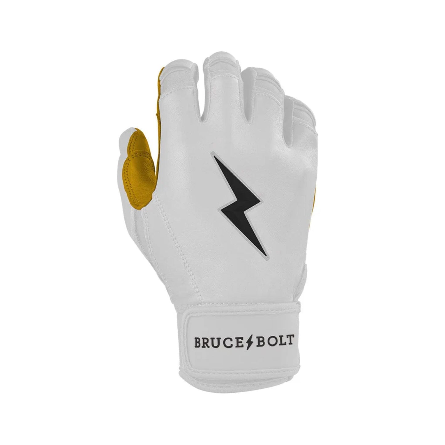 A photo of the Bruce Bolt Original Series Short Cuff Youth Batting Gloves in colour white, with black lightening bolt symbol and Bruce Bolt text.