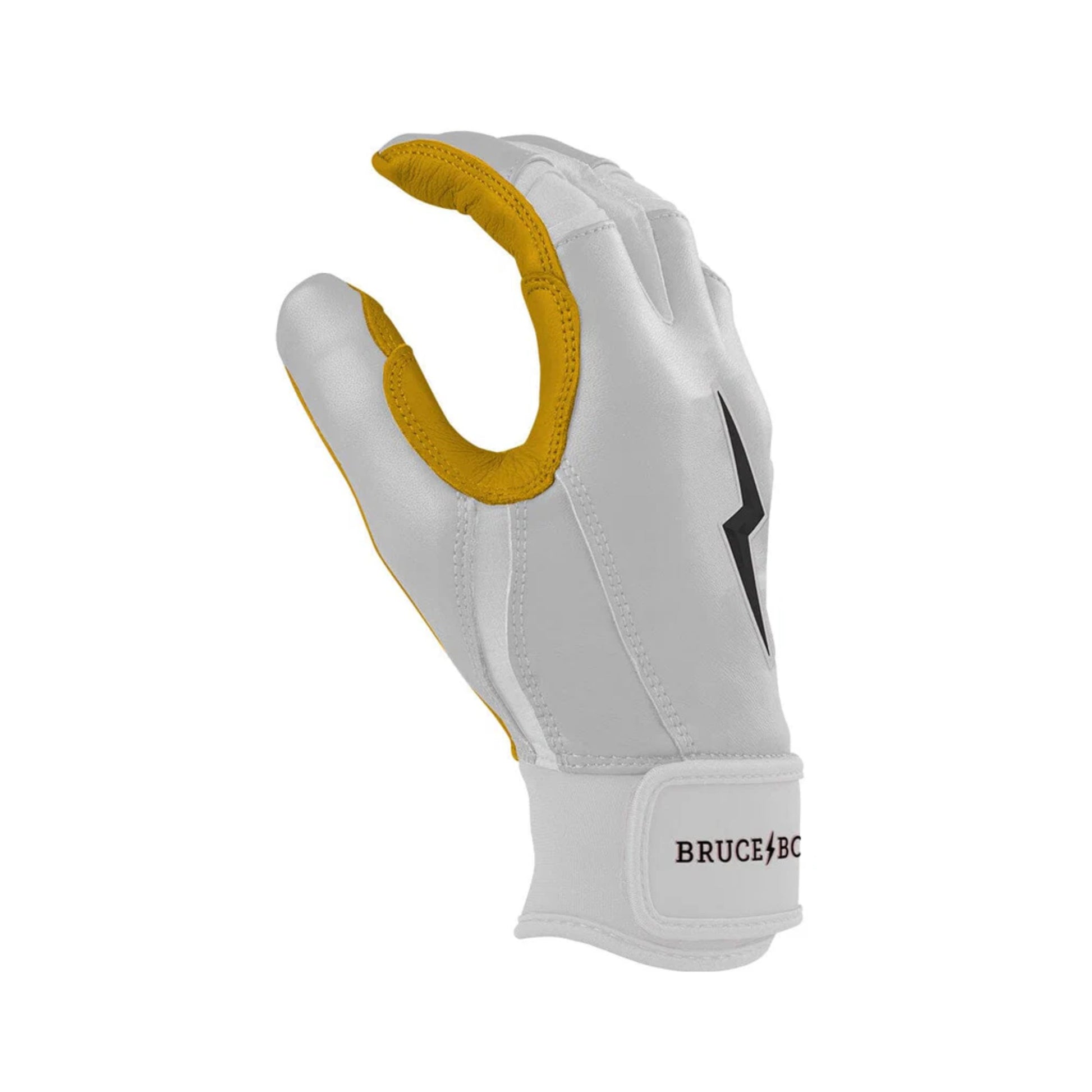 A photo of the Bruce Bolt Original Series Short Cuff Youth Batting Gloves in colour white, with black lightening bolt symbol and Bruce Bolt text.
