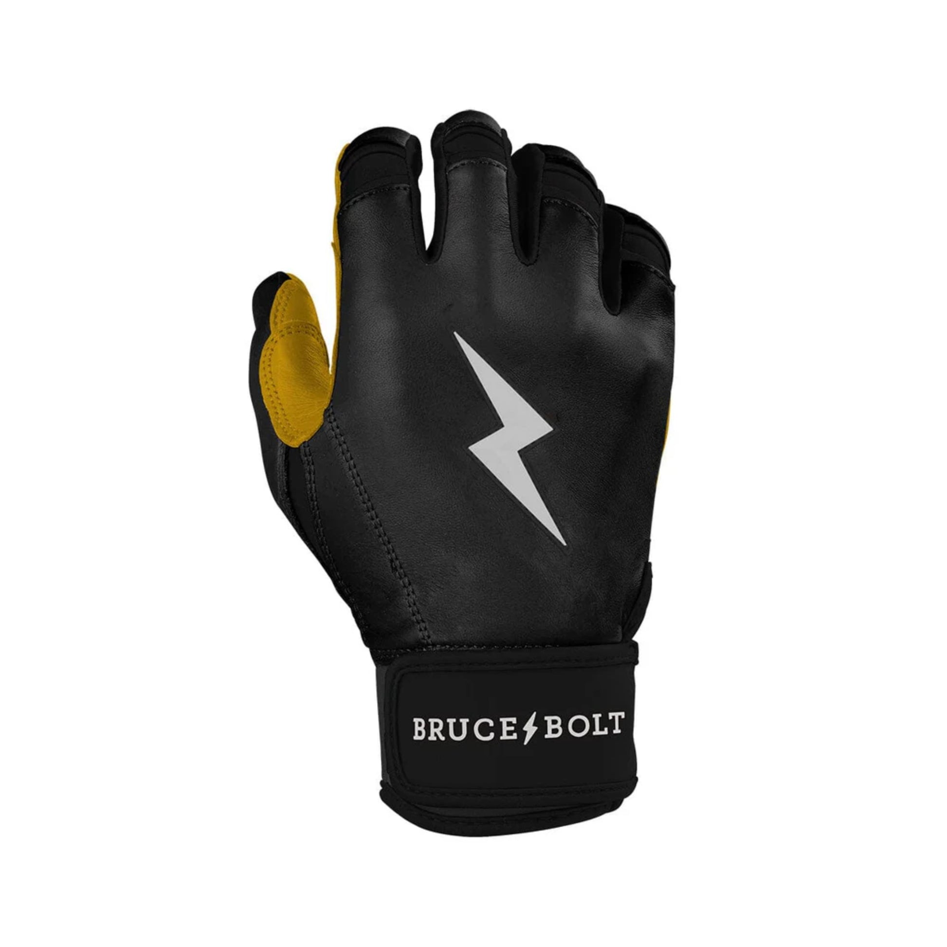 A photo of the Bruce Bolt Original Series Short Cuff Youth Batting Gloves in colour black, with black lightening bolt symbol and Bruce Bolt text.