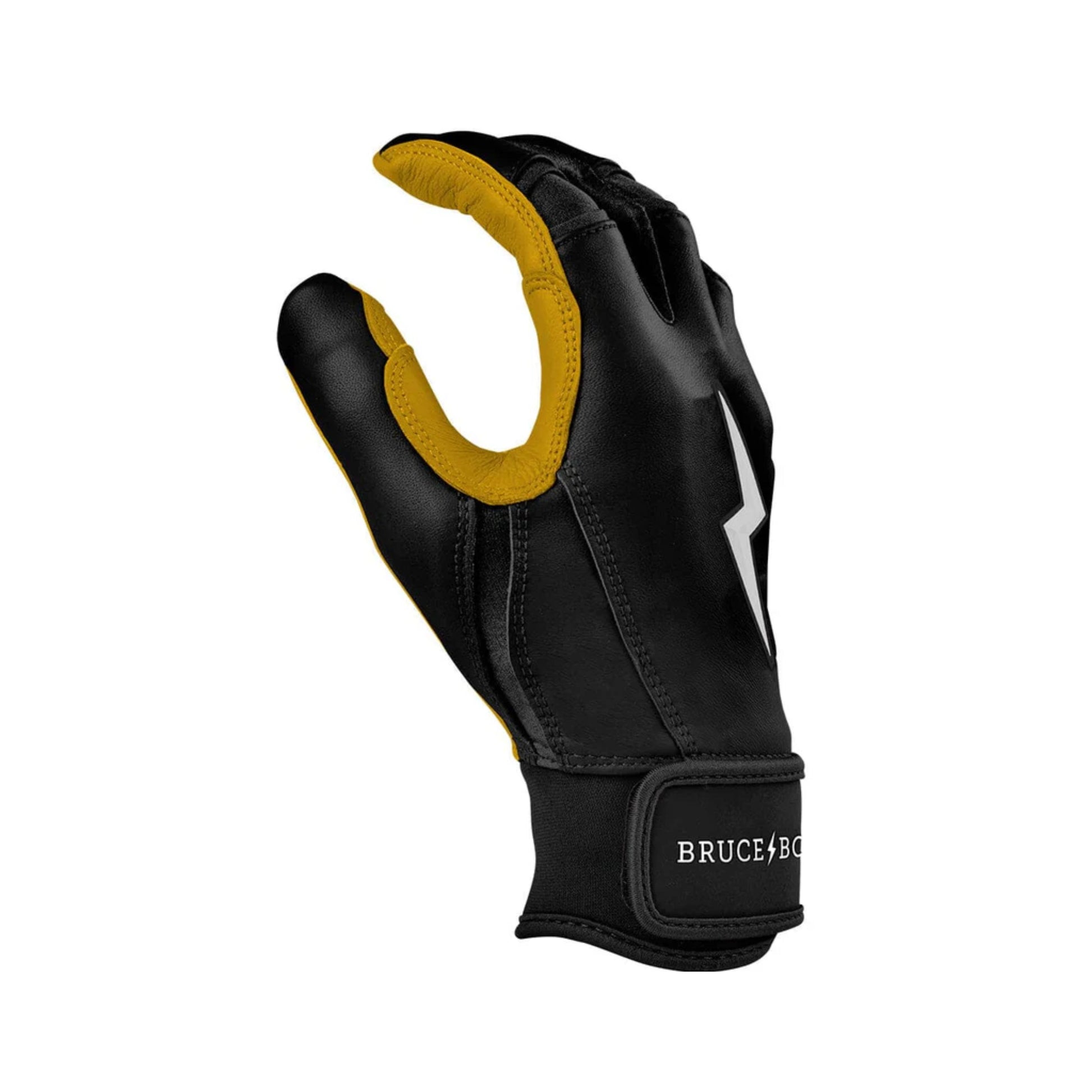 A photo of the Bruce Bolt Original Series Short Cuff Youth Batting Gloves in colour black, with black lightening bolt symbol and Bruce Bolt text.