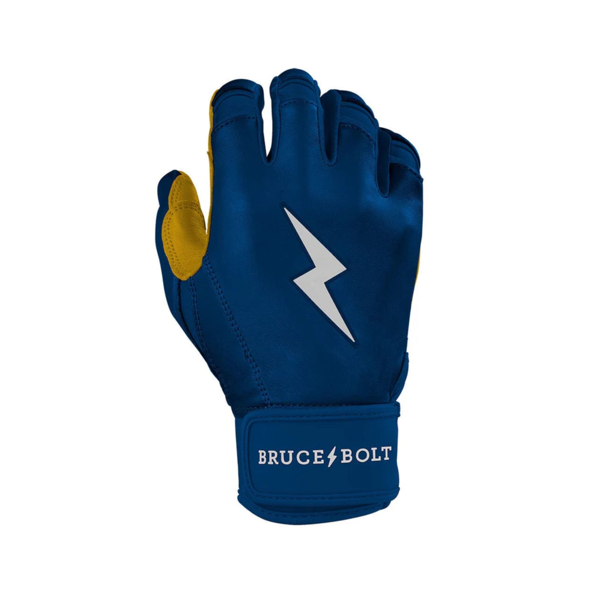 A photo of the Bruce Bolt Original Series Short Cuff Youth Batting Gloves in colour navy, with black lightening bolt symbol and Bruce Bolt text.