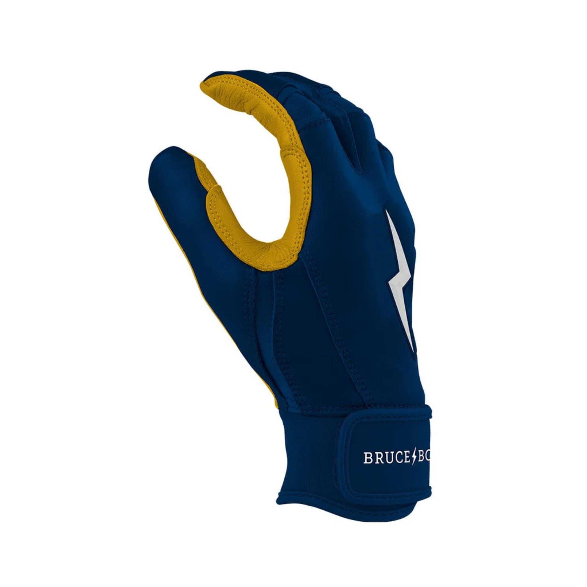 A photo of the Bruce Bolt Original Series Short Cuff Youth Batting Gloves in colour navy, with black lightening bolt symbol and Bruce Bolt text.