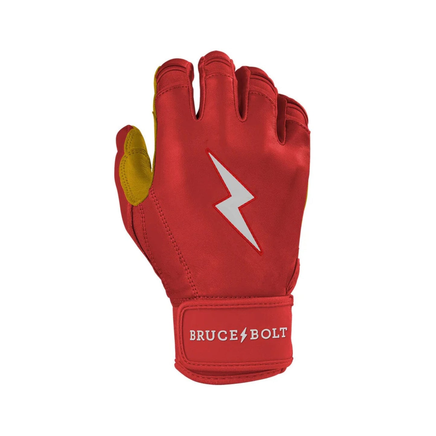 A photo of the Bruce Bolt Original Series Short Cuff Youth Batting Gloves in colour red, with black lightening bolt symbol and Bruce Bolt text.