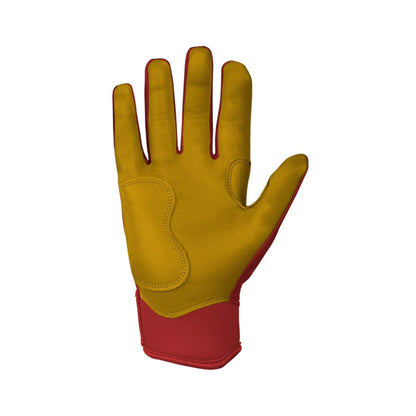 A photo of the Bruce Bolt Original Series Short Cuff Youth Batting Gloves in colour red, with black lightening bolt symbol and Bruce Bolt text.