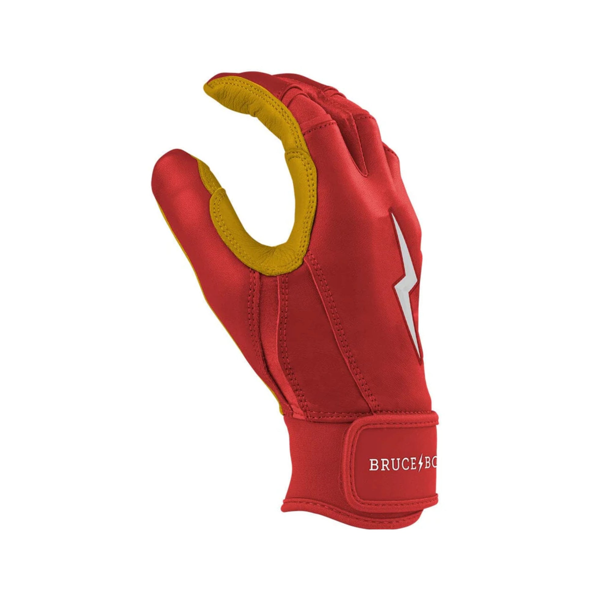 A photo of the Bruce Bolt Original Series Short Cuff Youth Batting Gloves in colour red, with black lightening bolt symbol and Bruce Bolt text.