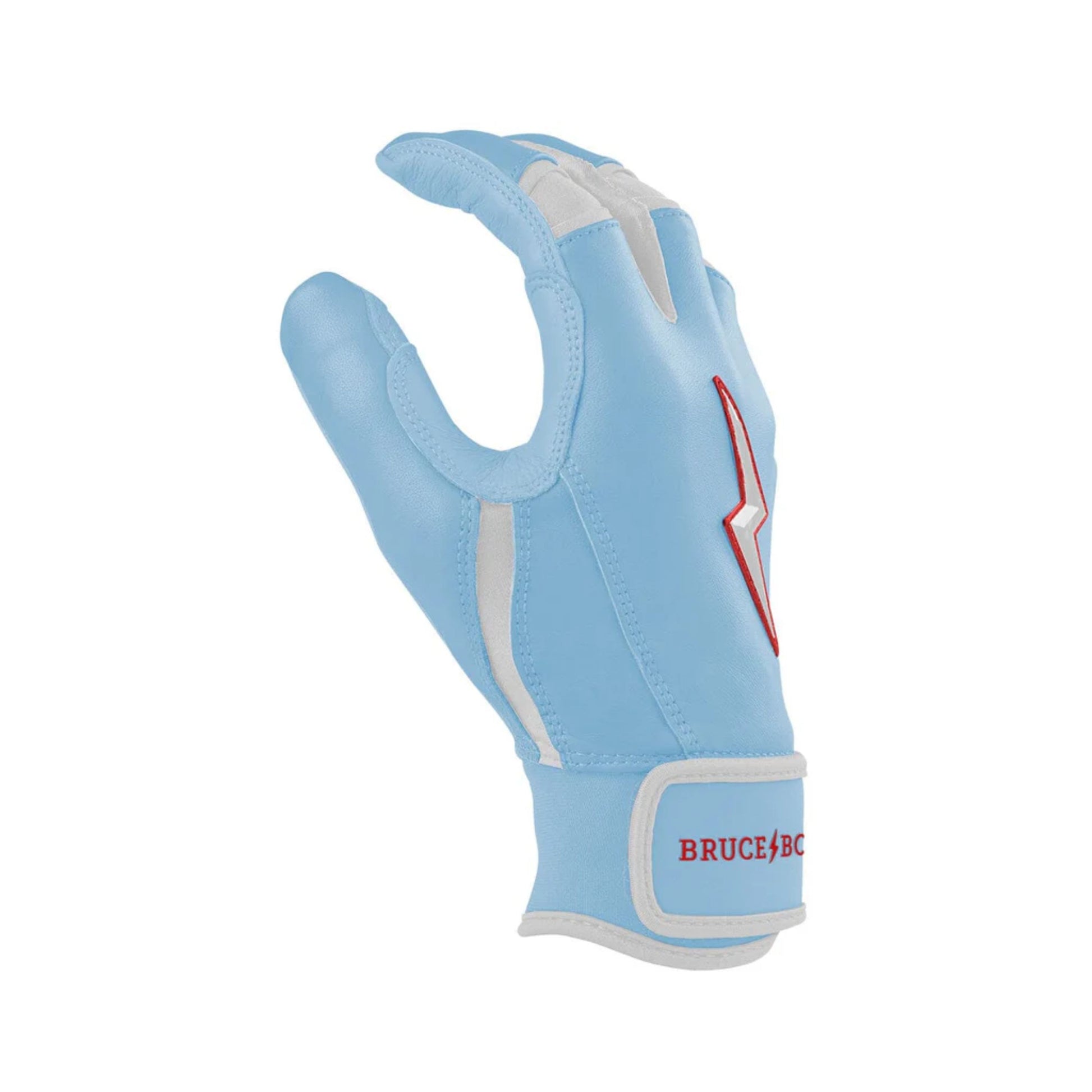 A photo of the Bruce Bolt Signature Series Short Cuff Batting Gloves in colour baby blue, with white and red lightening bolt logo and Bruce Bolt text.