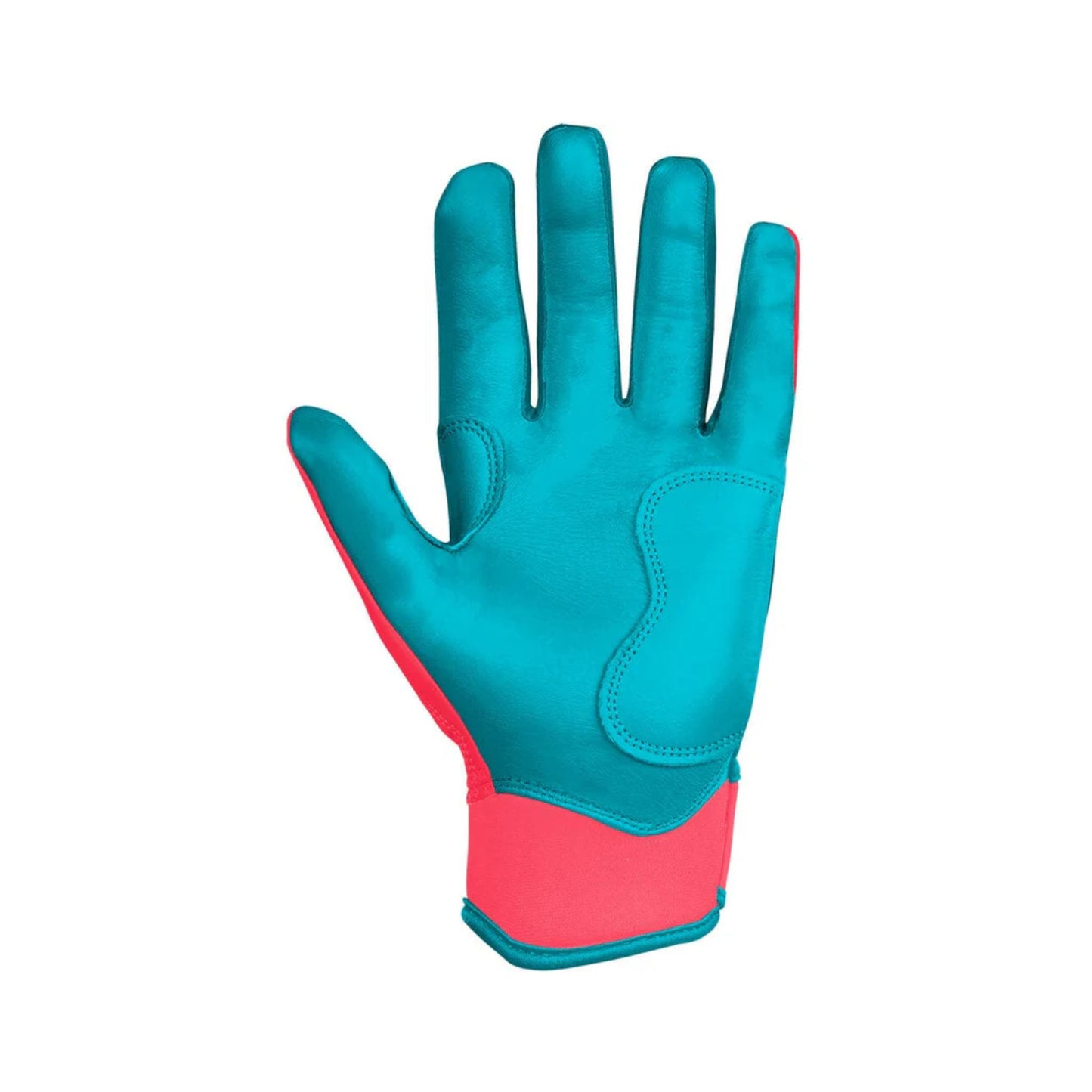 A photo of the Bruce Bolt Signature Series Short Cuff Batting Gloves in colour teal and pink, with pink lightening bolt logo and Bruce Bolt text.