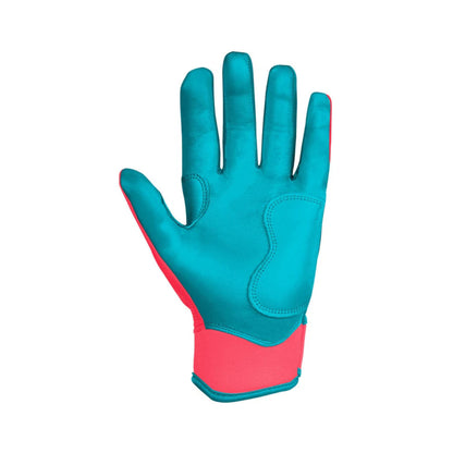 A photo of the Bruce Bolt Signature Series Short Cuff Batting Gloves in colour teal and pink, with pink lightening bolt logo and Bruce Bolt text.