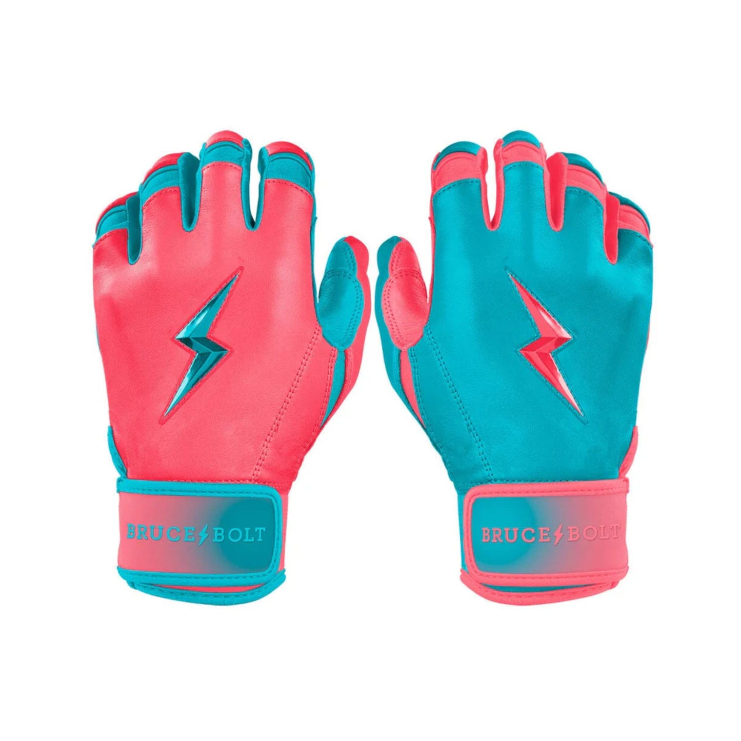 A photo of the Bruce Bolt Signature Series Short Cuff Batting Gloves in colour teal and pink, with pink lightening bolt logo and Bruce Bolt text.