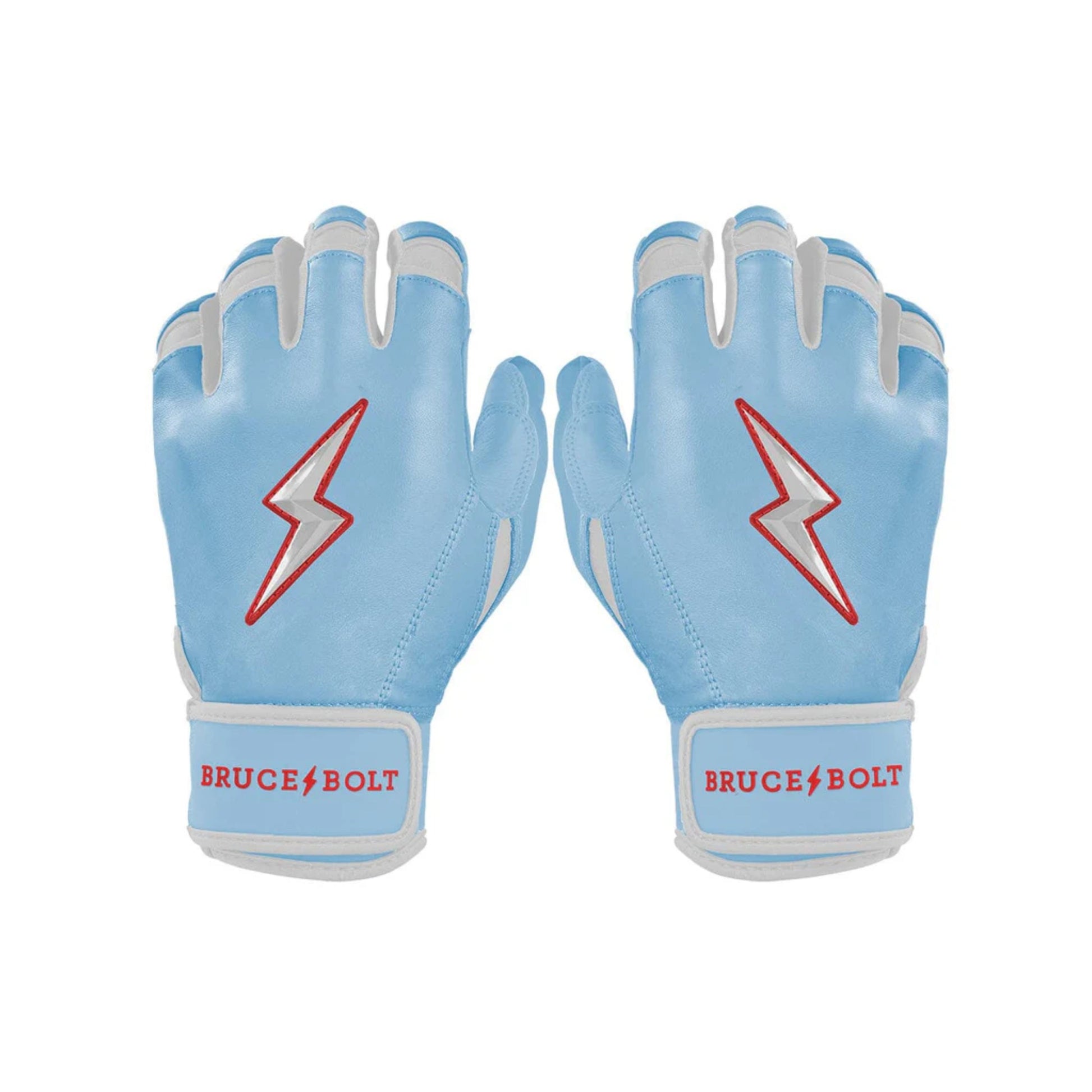 A photo of the Bruce Bolt Signature Series Short Cuff Batting Gloves in colour baby blue, with white and red lightening bolt logo and Bruce Bolt text.
