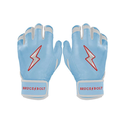 A photo of the Bruce Bolt Signature Series Short Cuff Batting Gloves in colour baby blue, with white and red lightening bolt logo and Bruce Bolt text.