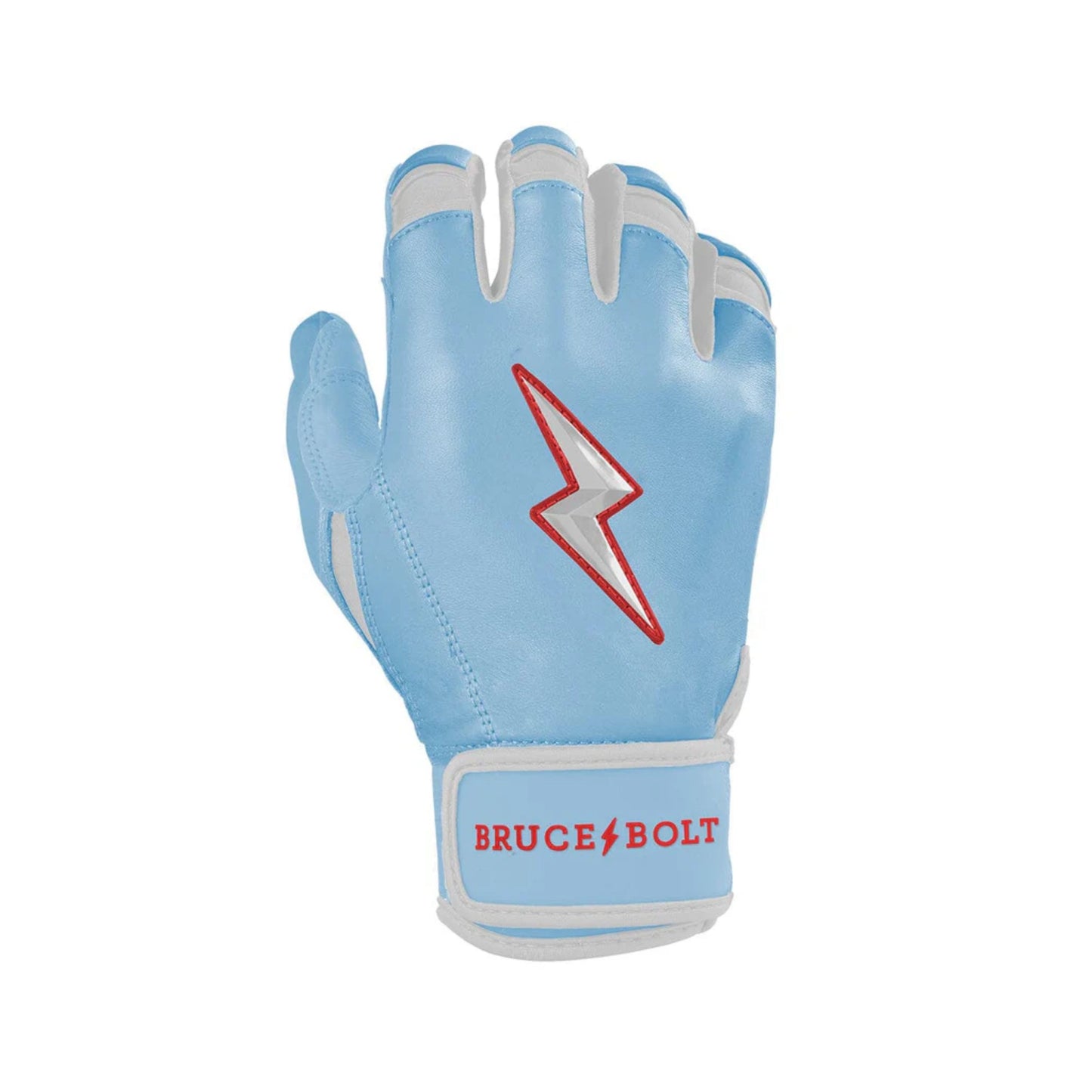 A photo of the Bruce Bolt Signature Series Short Cuff Batting Gloves in colour baby blue, with white and red lightening bolt logo and Bruce Bolt text.