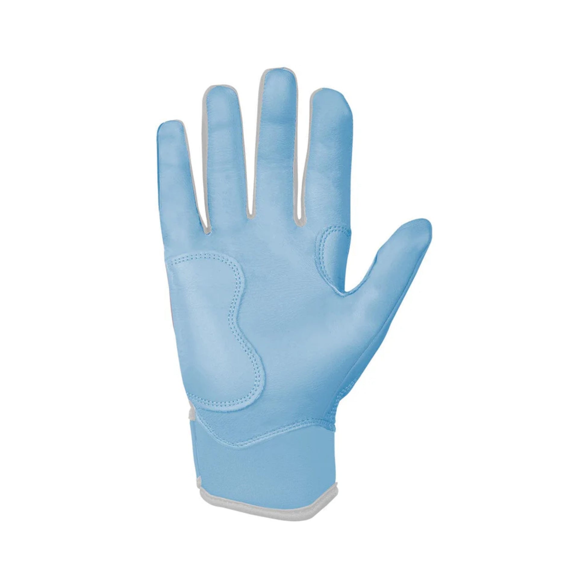 A photo of the Bruce Bolt Signature Series Short Cuff Batting Gloves in colour baby blue, with white and red lightening bolt logo and Bruce Bolt text.