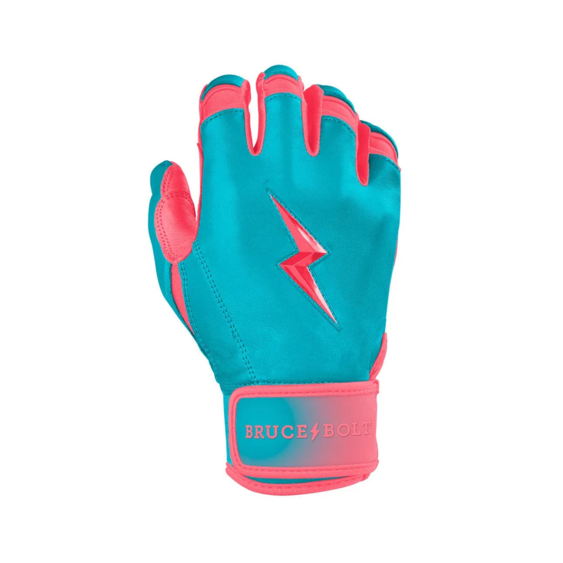 A photo of the Bruce Bolt Signature Series Short Cuff Batting Gloves in colour teal and pink, with pink lightening bolt logo and Bruce Bolt text.