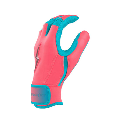 A photo of the Bruce Bolt Signature Series Short Cuff Batting Gloves in colour teal and pink, with pink lightening bolt logo and Bruce Bolt text.