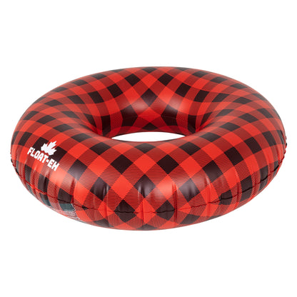 A Float-EH Pool Float Ring with Canadian plaid red and black side view