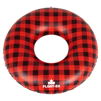 A Float-EH Pool Float Ring with Canadian plaid red and black top down view