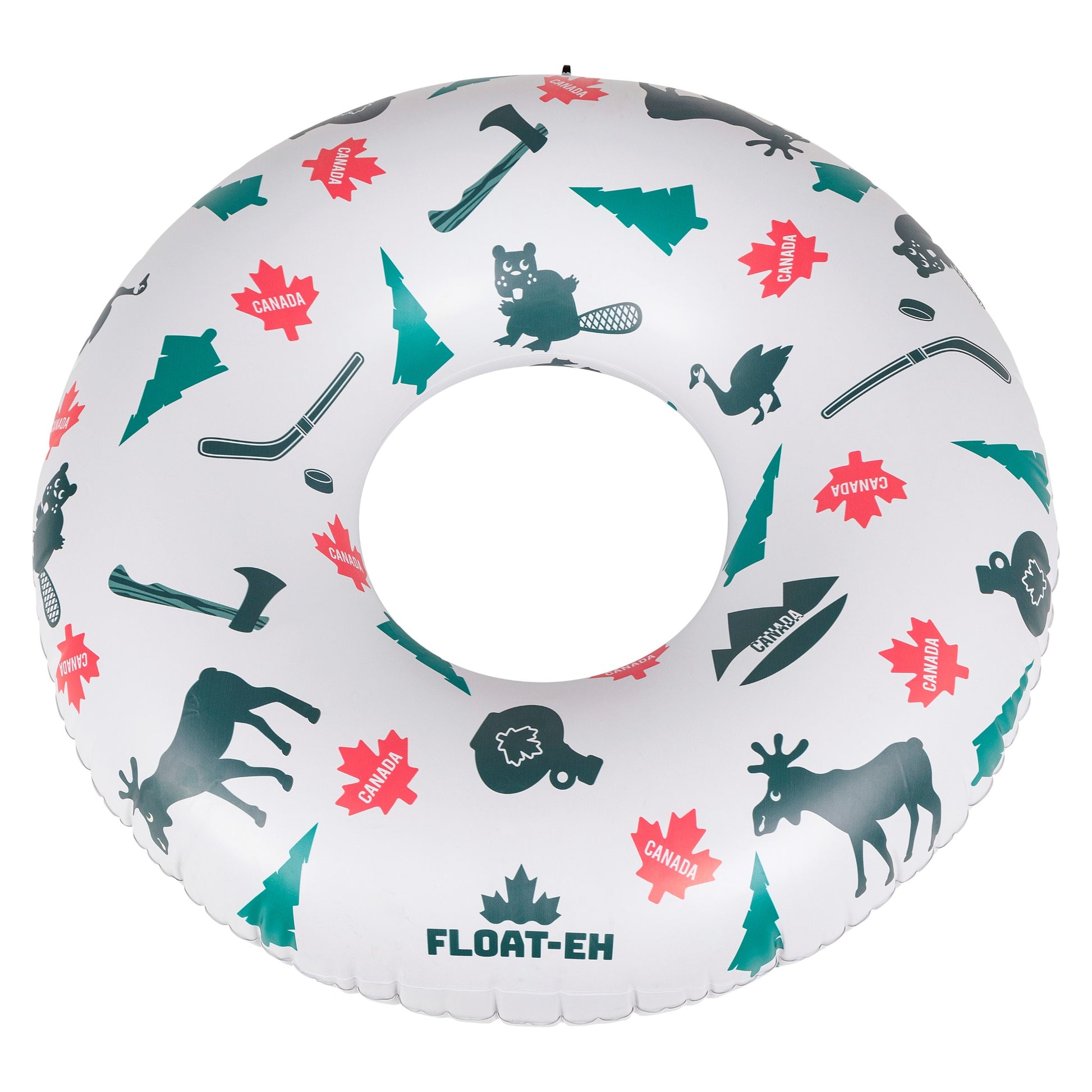 A Float-EH Pool Float Ring with Canadian Symbols top down view