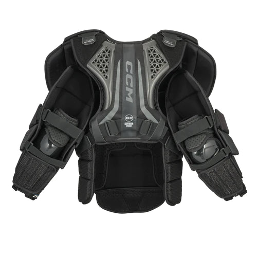 A photo of the CCM EFLEX 6 Goalie Chest Protector - Source Exclusive In grey and black. Rear view.