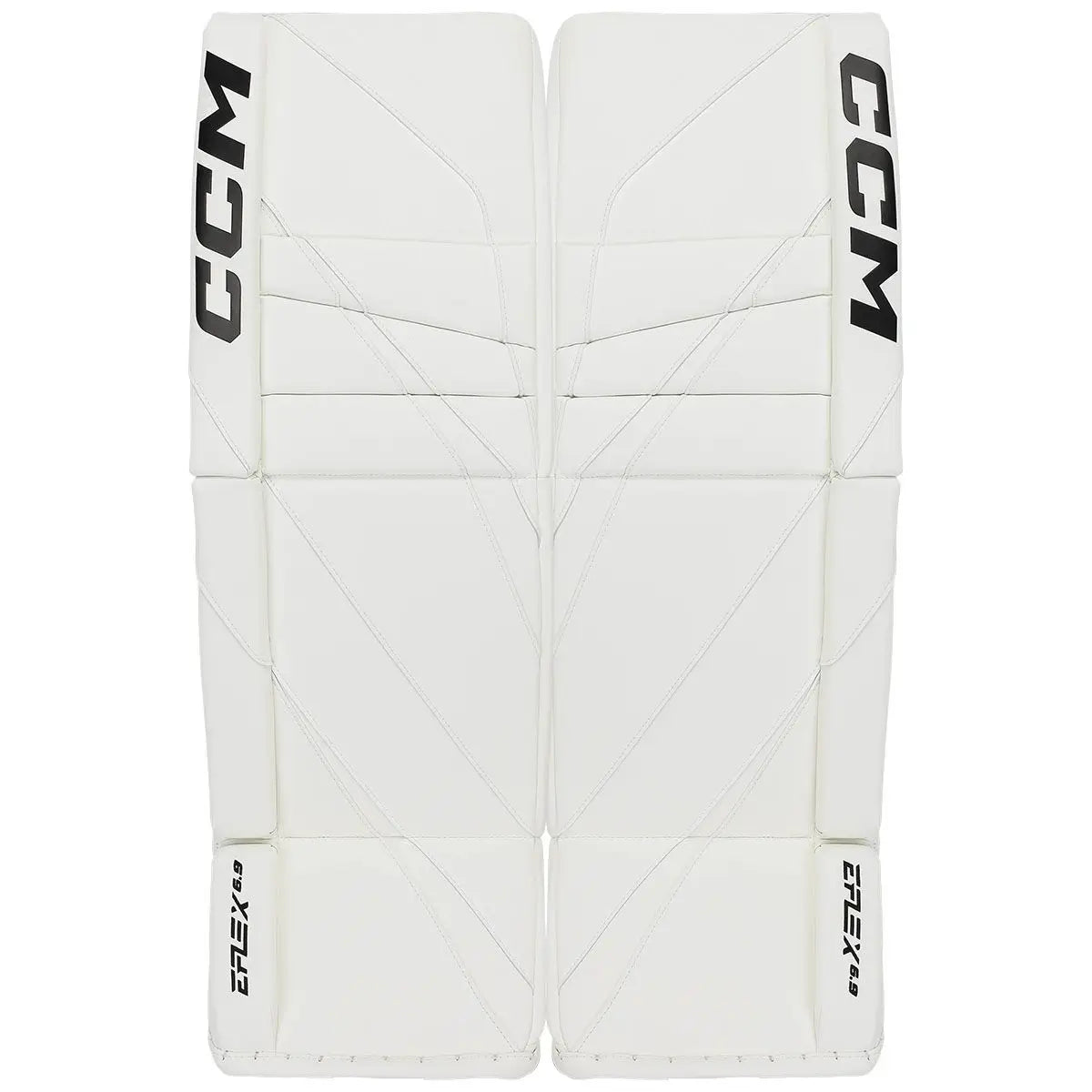 A photo of the CCM EFLEX 6.9 Intermediate Goalie Pads in colour white front view.